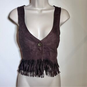 Brown Suede Boho Festival Fringe Fairy Crop Vest Size Large